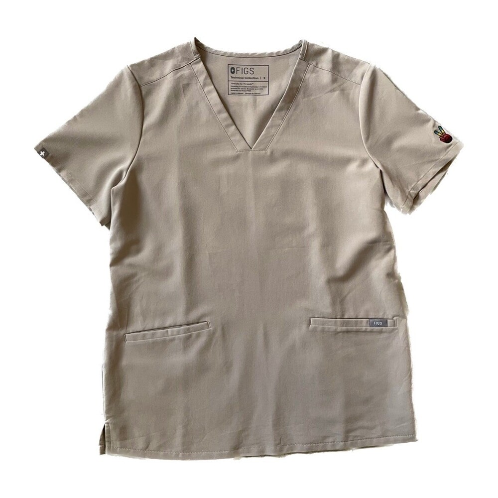 Figs Top Scrubs Light Brown With Peace Sign Sleeve Size S